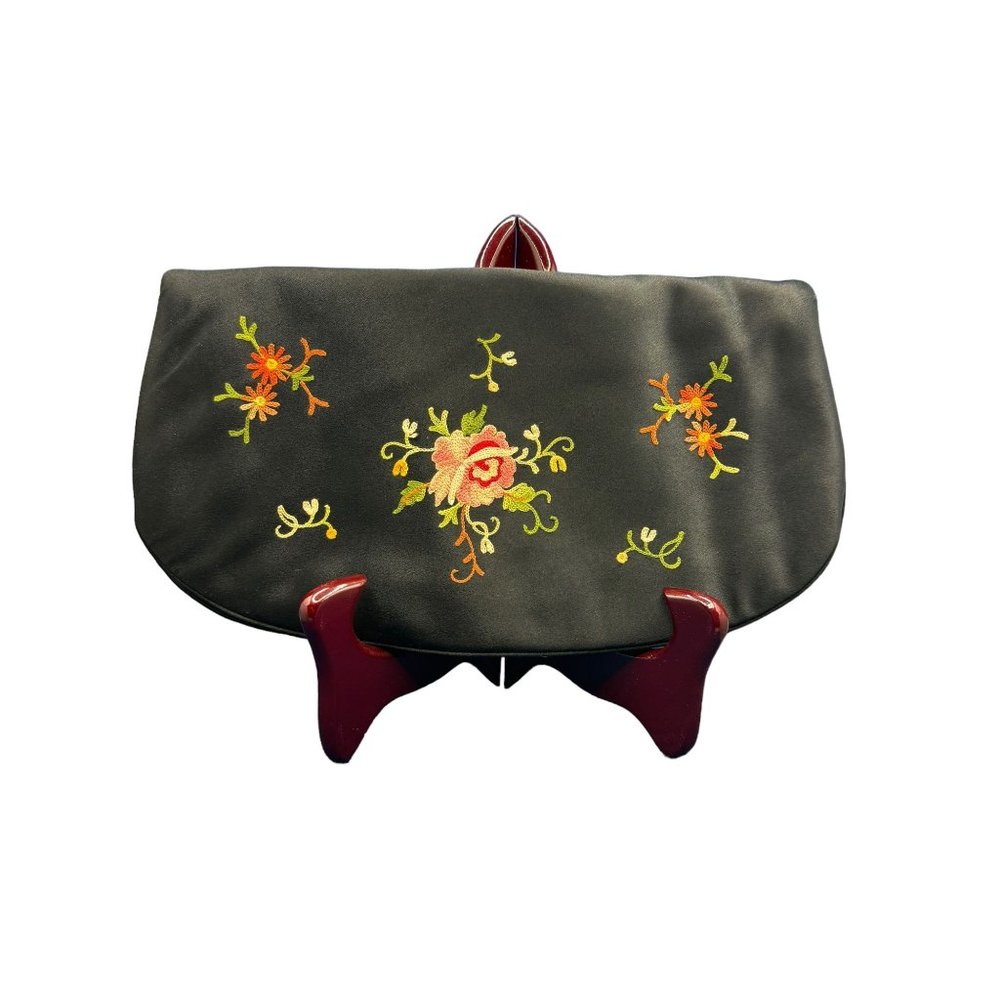 Vintage MM Black Silk Clutch Purse with Embroidered Florals